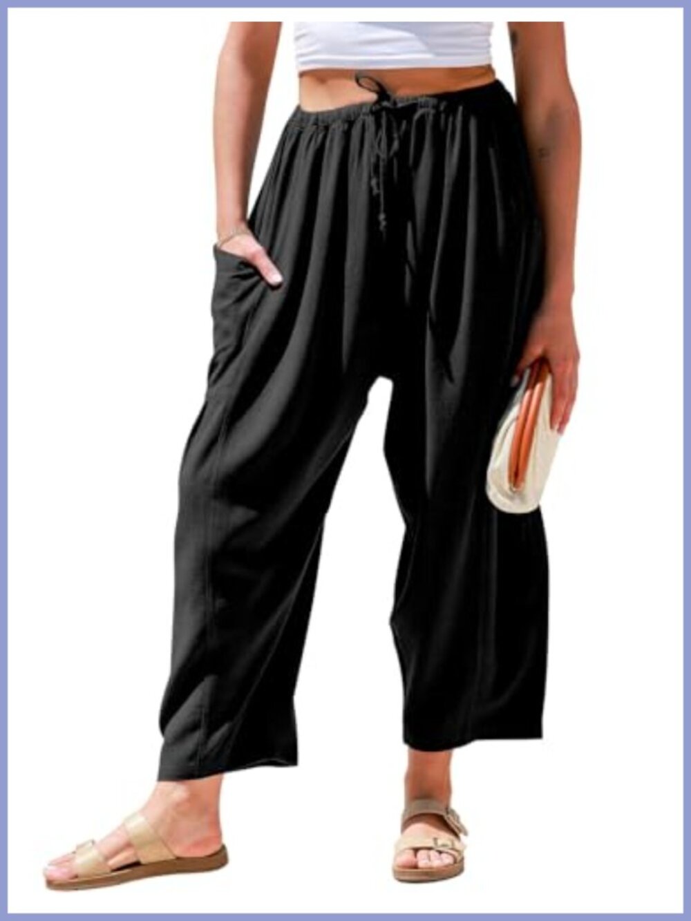 Womens Linen Wide Leg Palazzo Harem Pants with Pockets Drawstring
